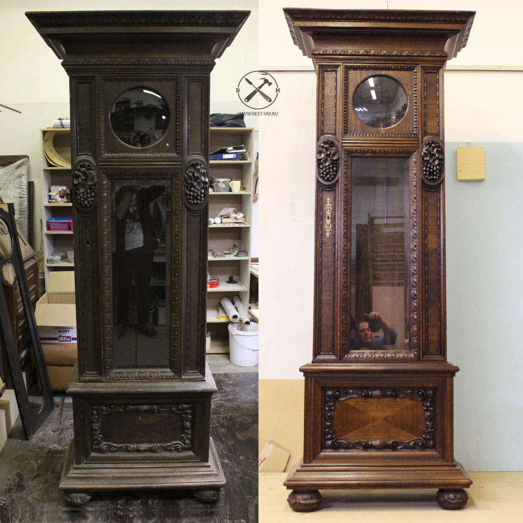 Антикварные часы до реставрации и после на одном фото